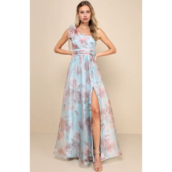 Lulus Dramatically Lovely Blue Floral One Shoulder Maxi Dress Tie Shoulder Gown - Picture 1 of 8